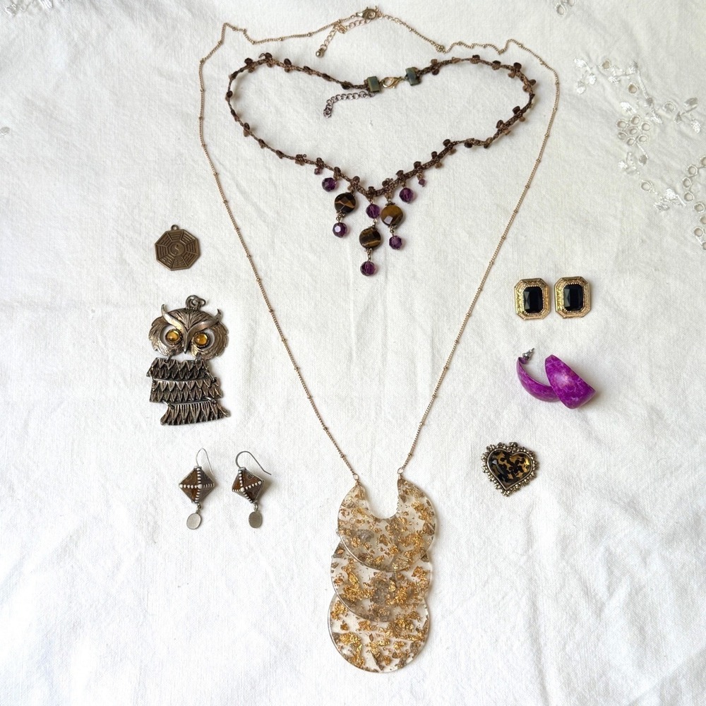 Vintage Jewelry Lot Whimsigoth Gold Flake Necklace Pendant Earrings Witchy 70s